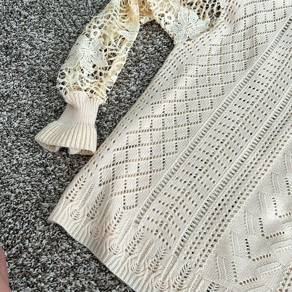 Boho Cream Yellow Fall Crocheted Lace Turtleneck Sweater medium - Picture 13 of 13